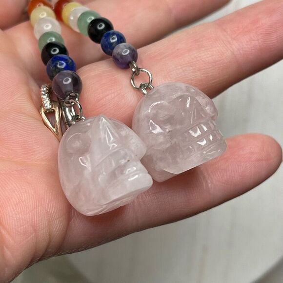 Rose quartz skull carving key chain key ring 7 chakra beads rainbow - Picture 3 of 8